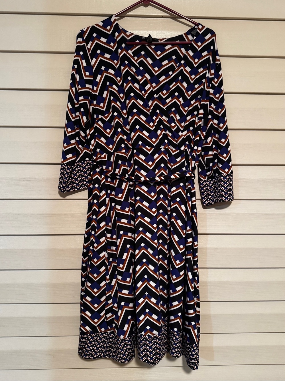 INC International Concepts Women’s 0X Geometric Faux Wrap Midi Dress 3/4 Sleeve